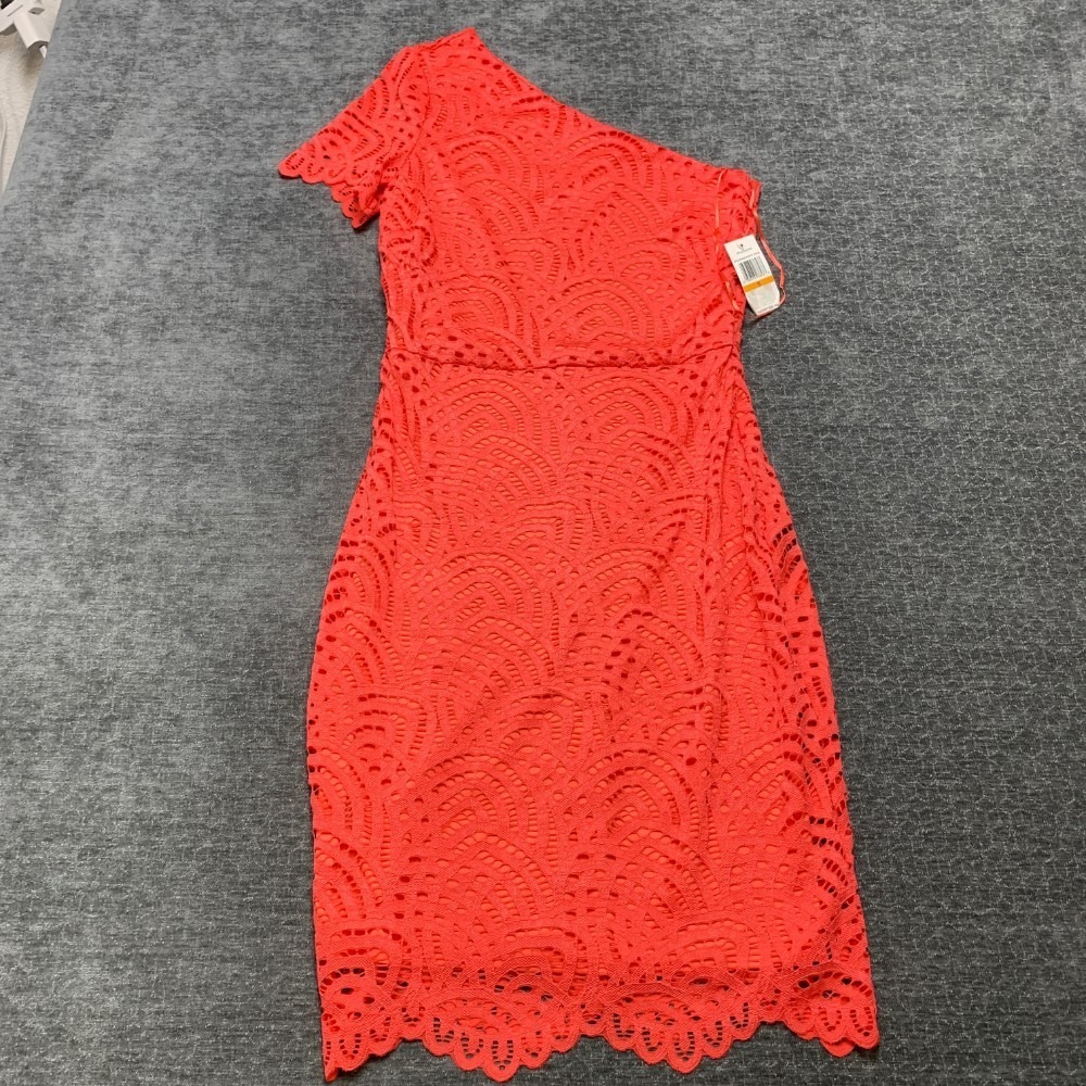 1.State Sheath Dress Womens Small Orange Stretch Casual Lace One Shoulder Fitted